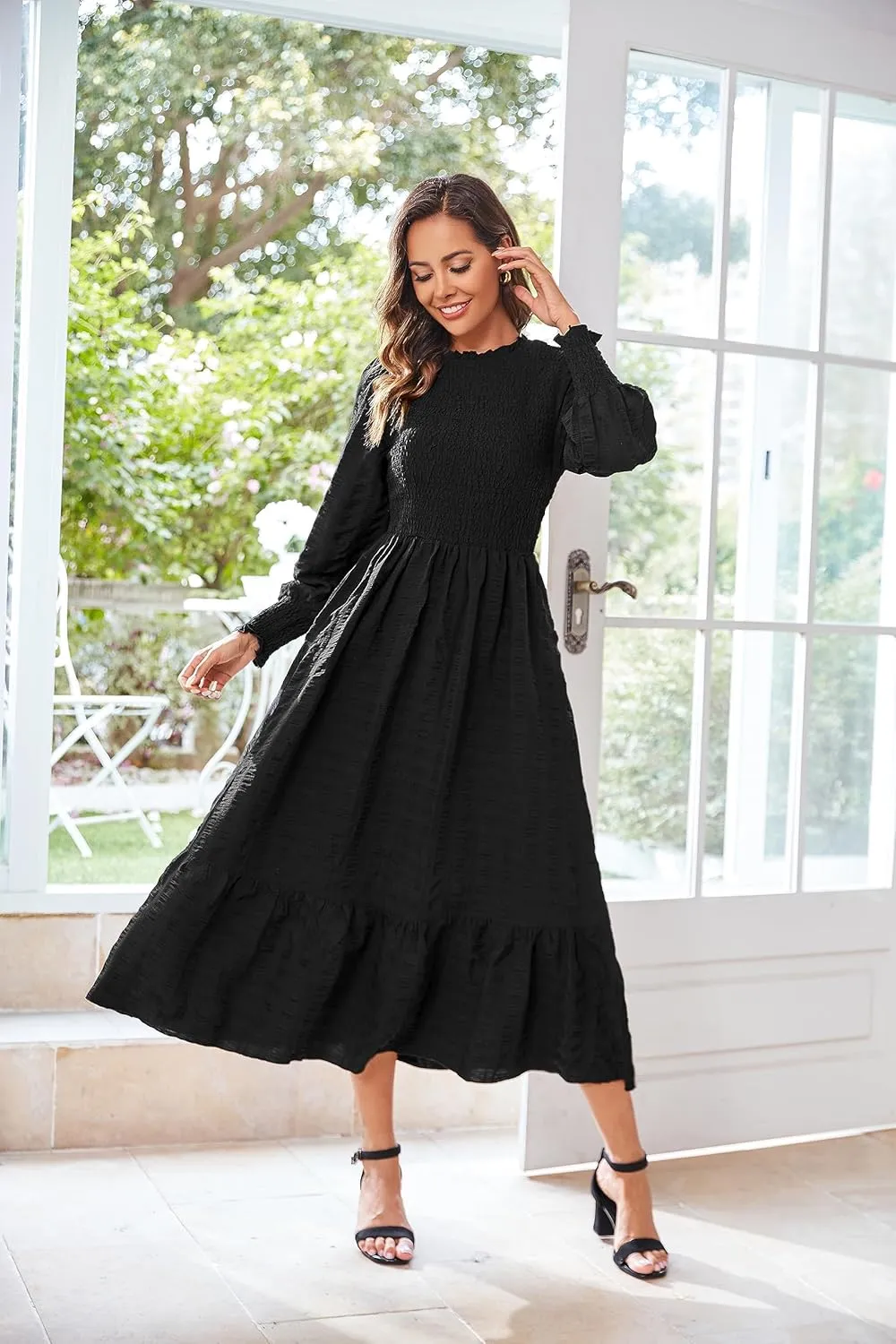 VintageClothing Women's 2023 Casual Fall Midi Dresses Long Sleeve Crew Neck Smocked Flowy Tiered Long Dress with Pockets