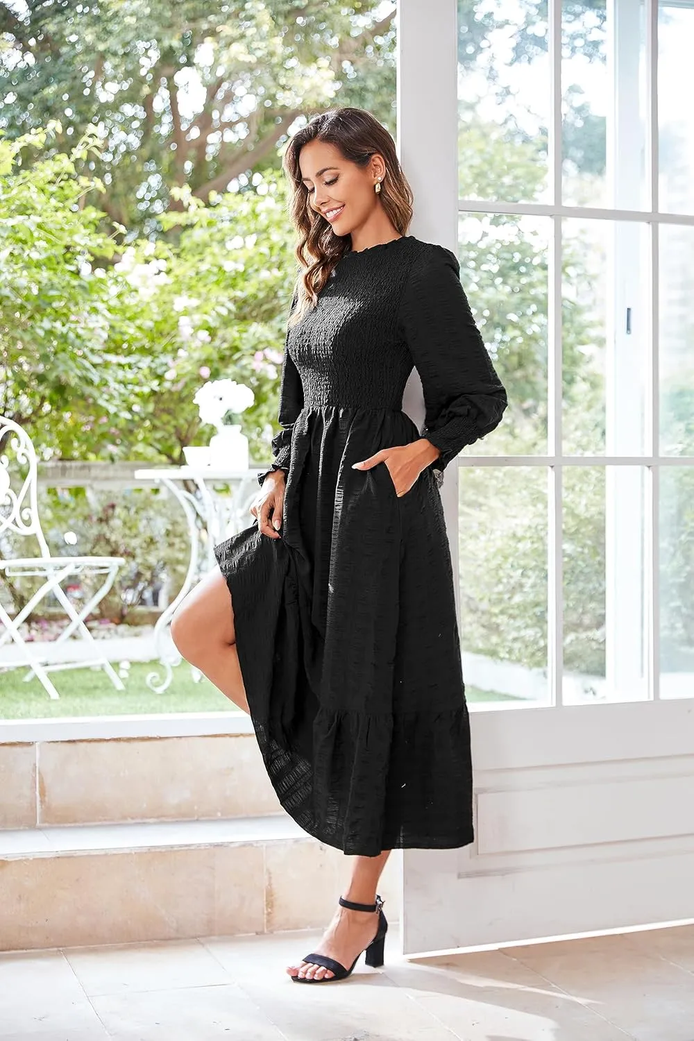 VintageClothing Women's 2023 Casual Fall Midi Dresses Long Sleeve Crew Neck Smocked Flowy Tiered Long Dress with Pockets