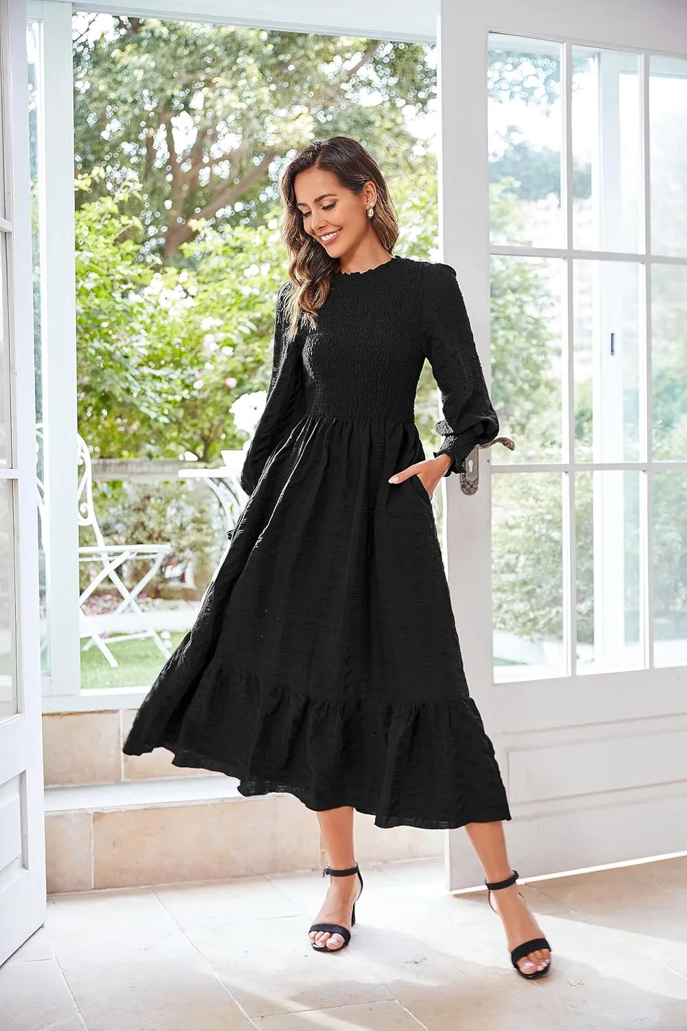 VintageClothing Women's 2023 Casual Fall Midi Dresses Long Sleeve Crew Neck Smocked Flowy Tiered Long Dress with Pockets