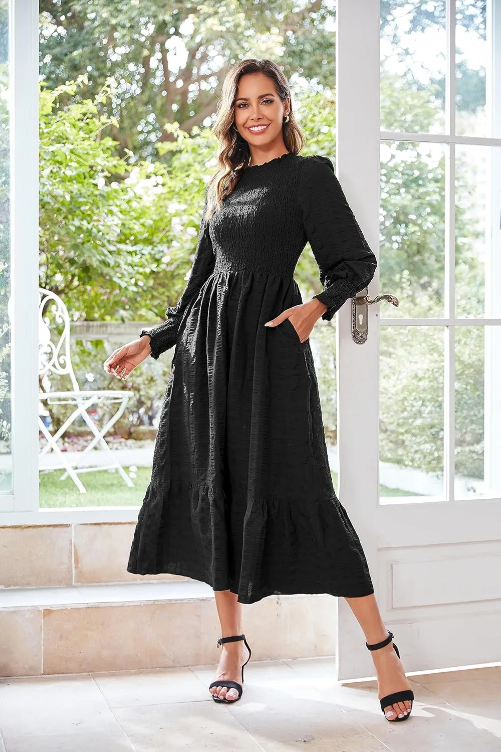 VintageClothing Women's 2023 Casual Fall Midi Dresses Long Sleeve Crew Neck Smocked Flowy Tiered Long Dress with Pockets