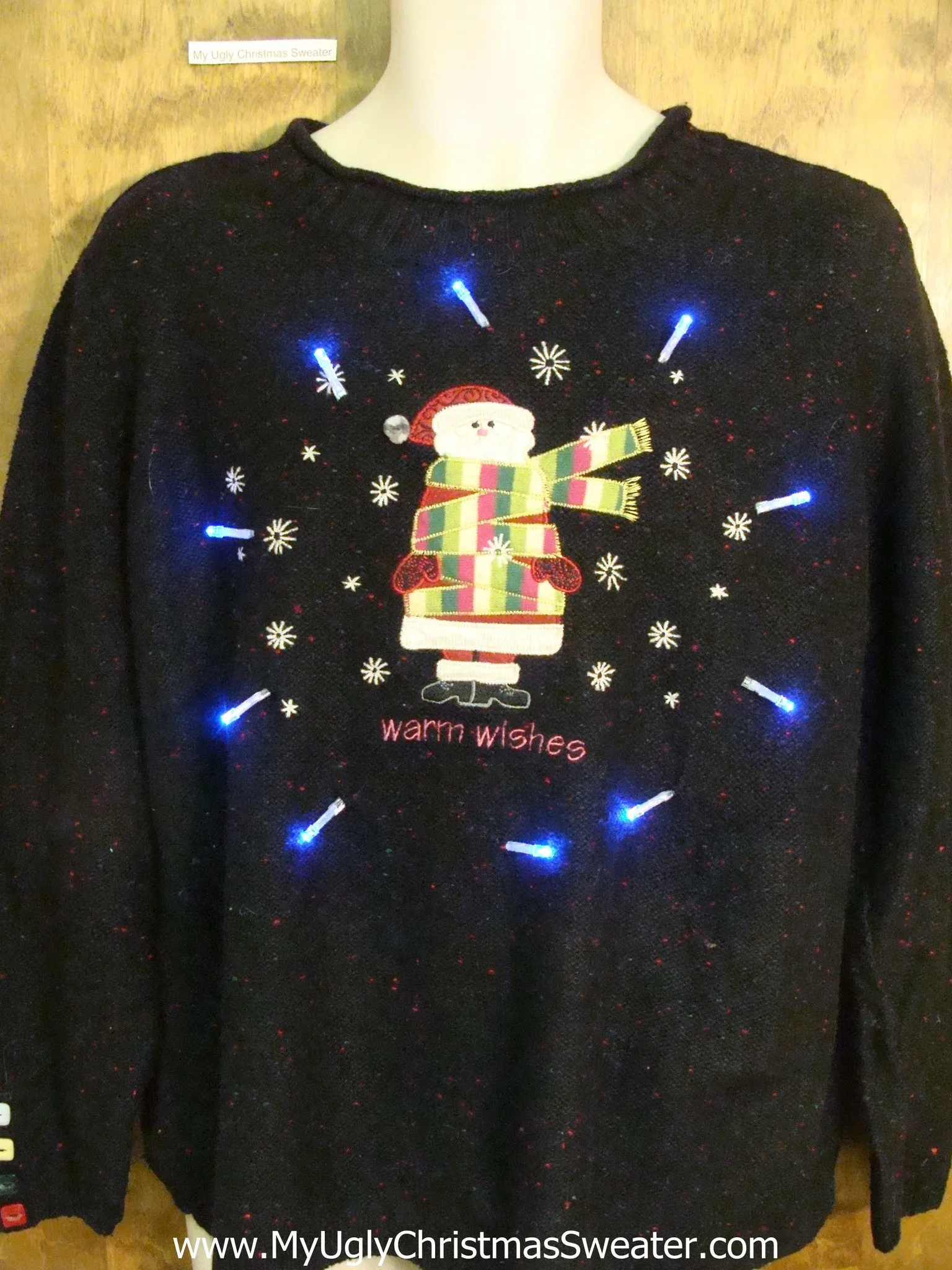 WARM WISHES Santa all Wrapped Up Ugly Xmas Sweater with Lights