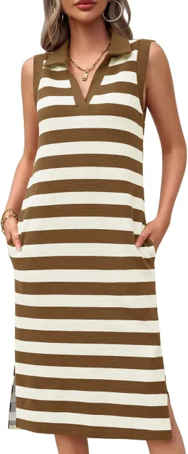 Wenrine Women's Striped Summer Dress Casual Polo V Neck Sleeveless Slit Loose Fit T Shirt Midi Dresses