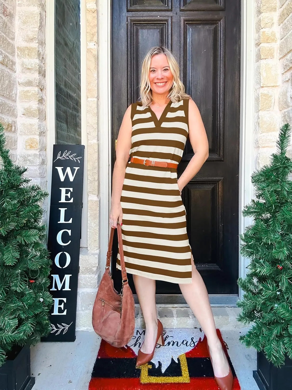 Wenrine Women's Striped Summer Dress Casual Polo V Neck Sleeveless Slit Loose Fit T Shirt Midi Dresses