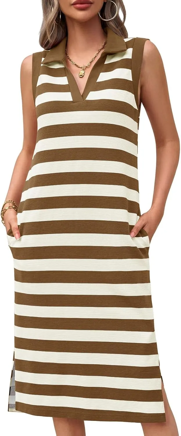 Wenrine Women's Striped Summer Dress Casual Polo V Neck Sleeveless Slit Loose Fit T Shirt Midi Dresses