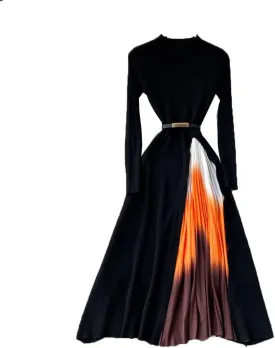 Women Design Splice Gradient Pleated A-Line Knitted Dresses Autumn Streetwear Midi Dress