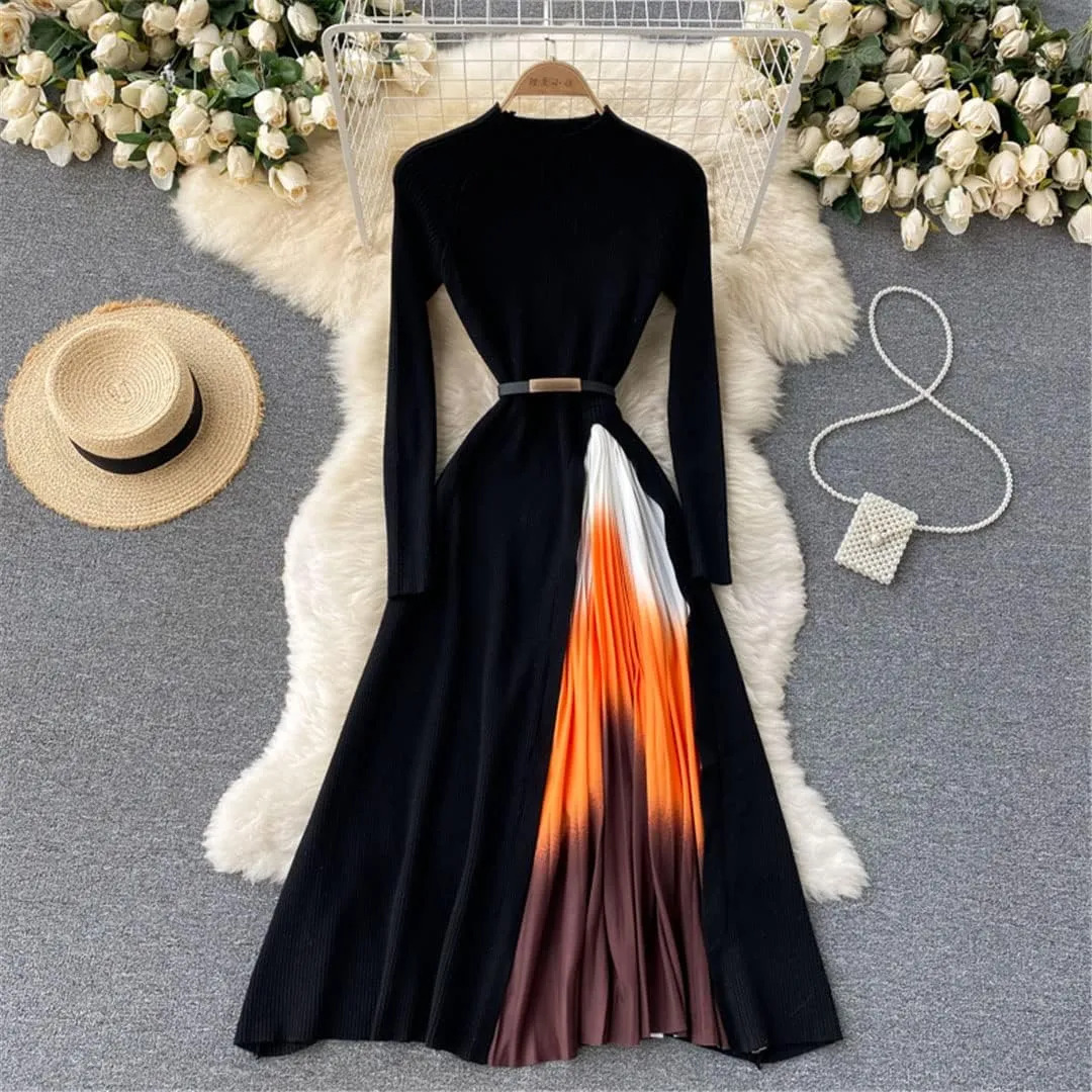 Women Design Splice Gradient Pleated A-Line Knitted Dresses Autumn Streetwear Midi Dress