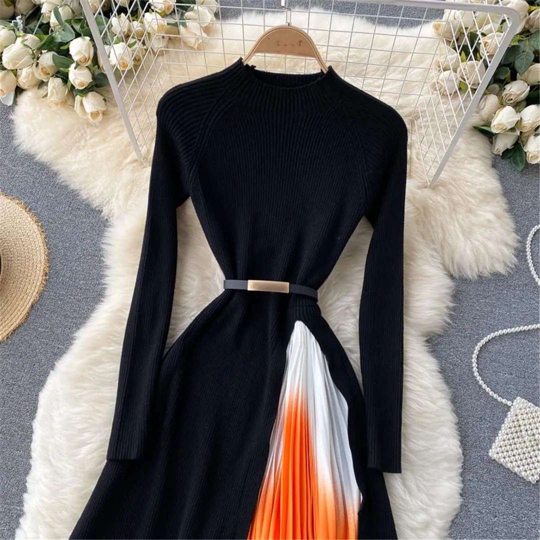 Women Design Splice Gradient Pleated A-Line Knitted Dresses Autumn Streetwear Midi Dress