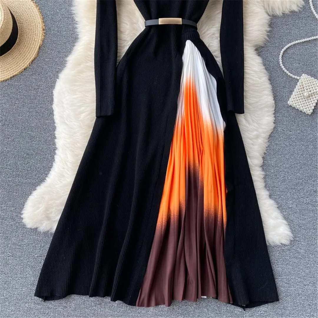 Women Design Splice Gradient Pleated A-Line Knitted Dresses Autumn Streetwear Midi Dress