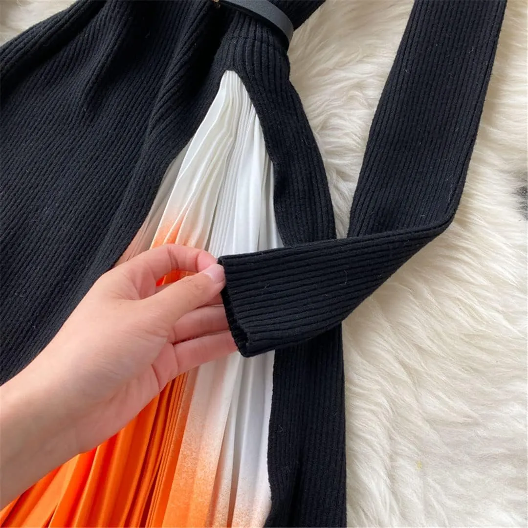 Women Design Splice Gradient Pleated A-Line Knitted Dresses Autumn Streetwear Midi Dress