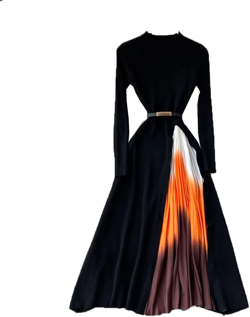 Women Design Splice Gradient Pleated A-Line Knitted Dresses Autumn Streetwear Midi Dress