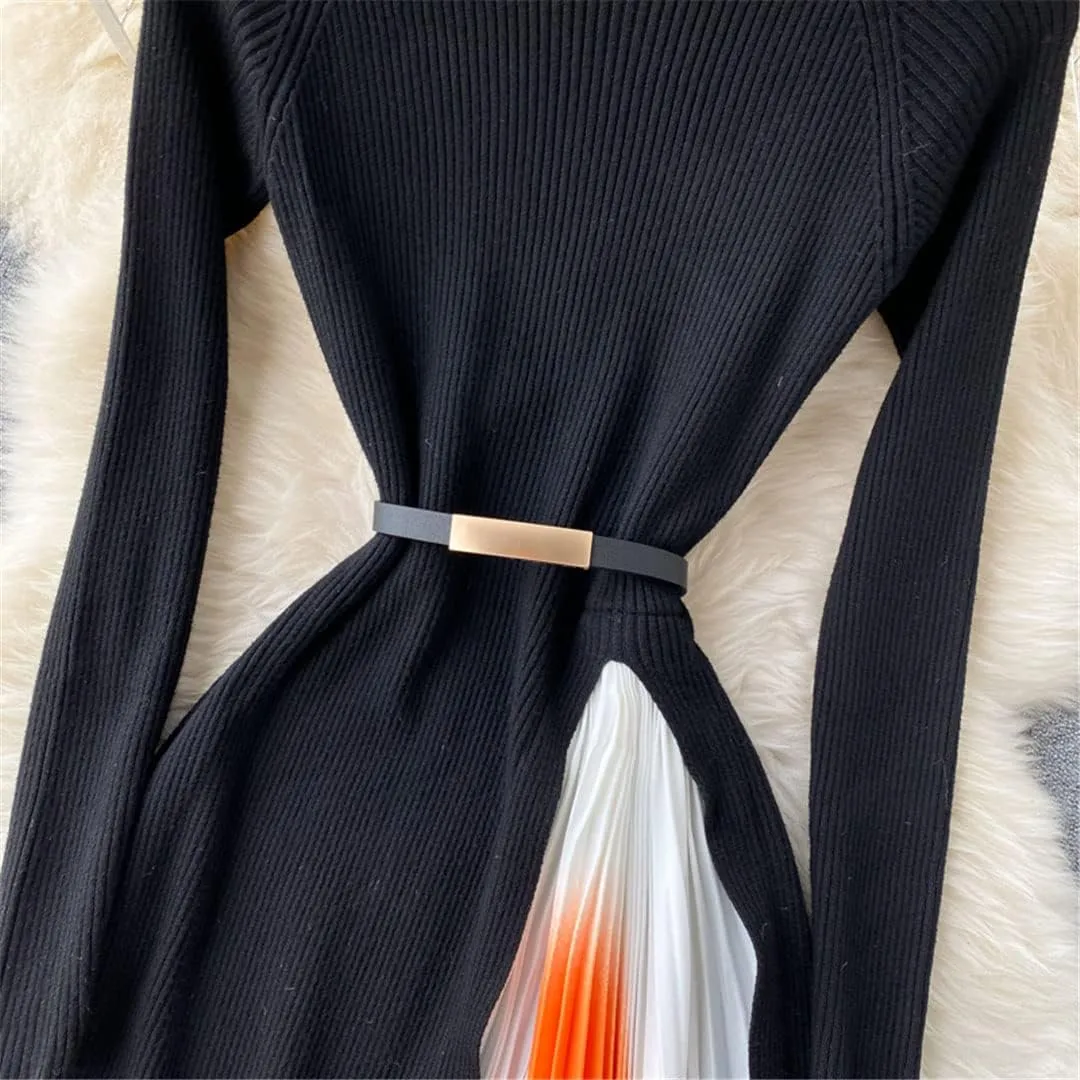Women Design Splice Gradient Pleated A-Line Knitted Dresses Autumn Streetwear Midi Dress