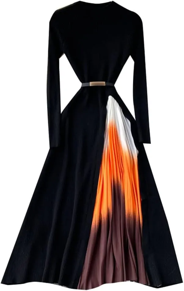 Women Design Splice Gradient Pleated A-Line Knitted Dresses Autumn Streetwear Midi Dress