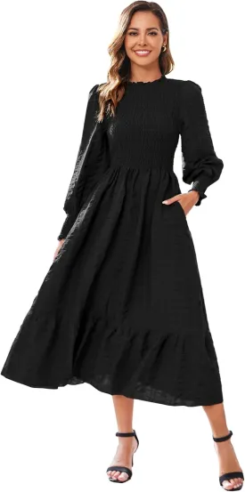 Women's 2025 Spring Fall Midi Dress Casual Long Sleeve Crew Neck Smocked Tiered Long Flowy Dresses with Pockets