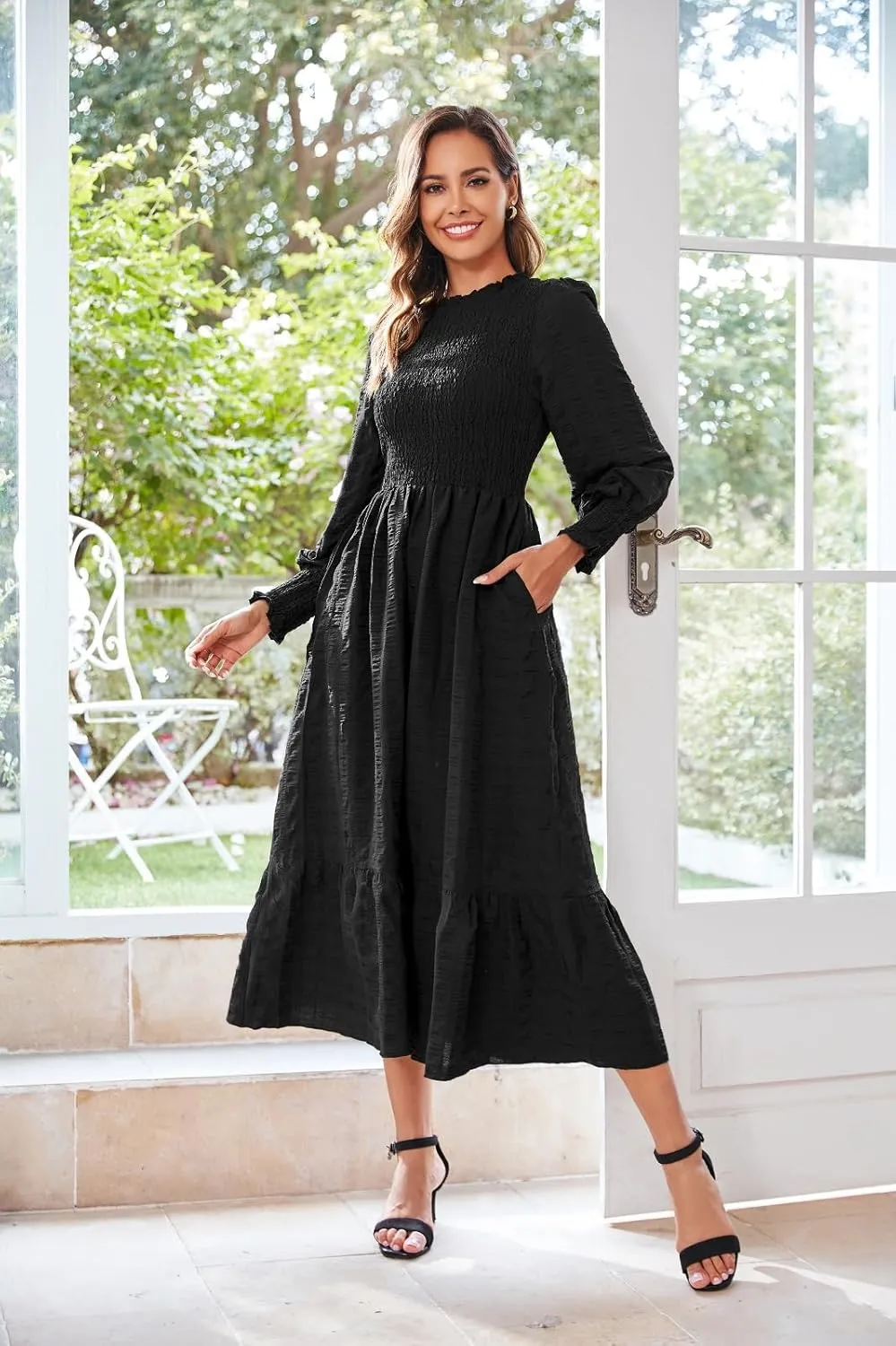 Women's 2025 Spring Fall Midi Dress Casual Long Sleeve Crew Neck Smocked Tiered Long Flowy Dresses with Pockets