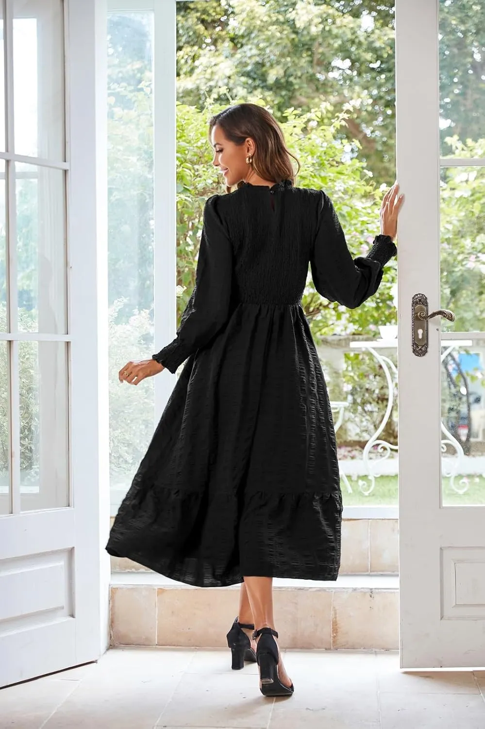 Women's 2025 Spring Fall Midi Dress Casual Long Sleeve Crew Neck Smocked Tiered Long Flowy Dresses with Pockets