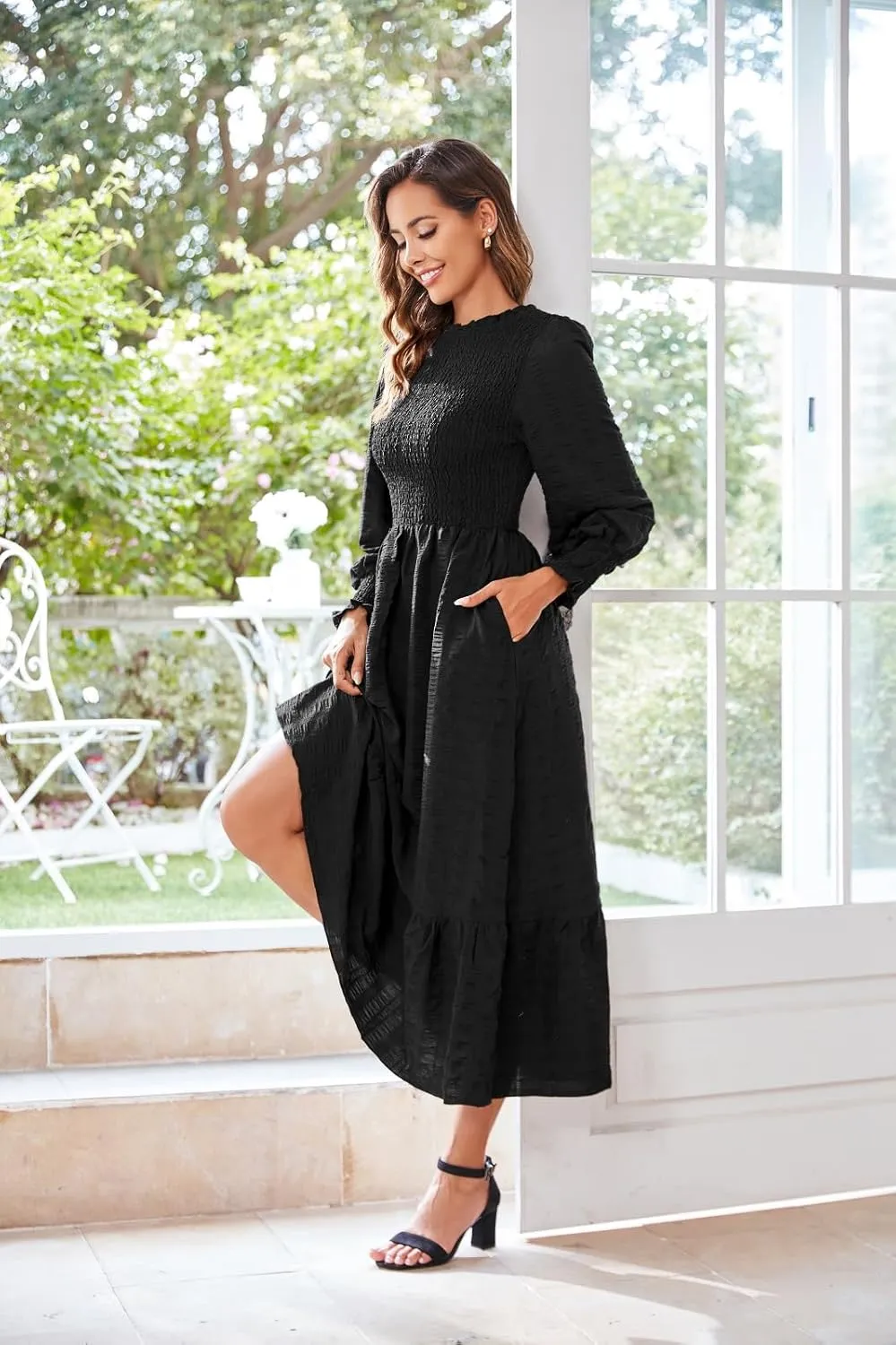 Women's 2025 Spring Fall Midi Dress Casual Long Sleeve Crew Neck Smocked Tiered Long Flowy Dresses with Pockets