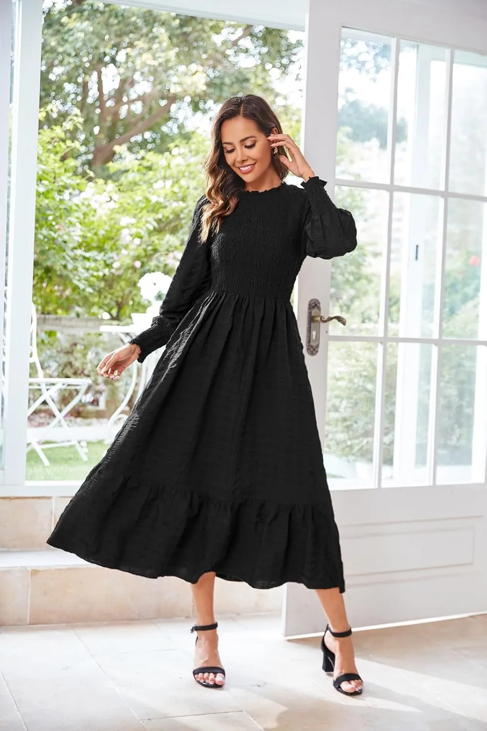 Women's 2025 Spring Fall Midi Dress Casual Long Sleeve Crew Neck Smocked Tiered Long Flowy Dresses with Pockets