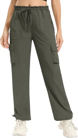 Womens Cargo Joggers Parachute Y2K Pants Lightweight Hiking Travel Scrub Pants Elastic Waist with Drawstring Quick Dry
