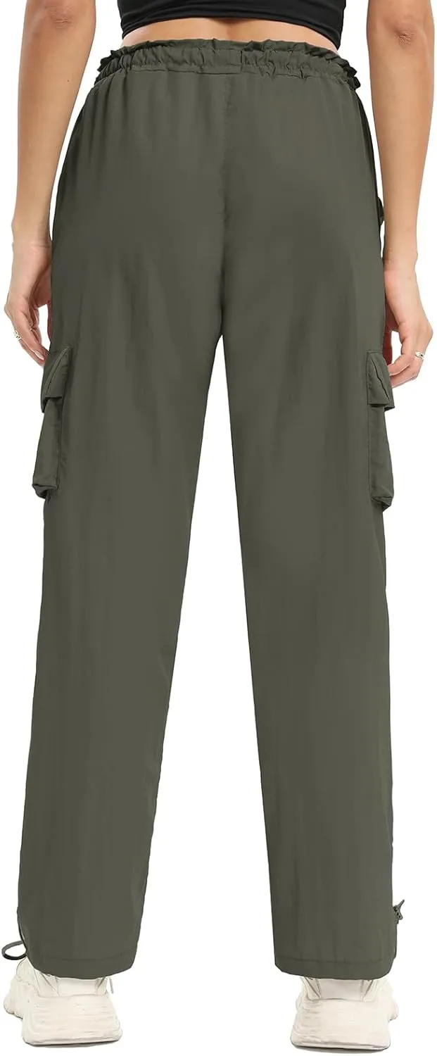 Womens Cargo Joggers Parachute Y2K Pants Lightweight Hiking Travel Scrub Pants Elastic Waist with Drawstring Quick Dry
