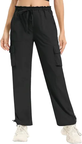 Womens Cargo Joggers Parachute Y2K Pants Lightweight Hiking Travel Scrub Pants Elastic Waist with Drawstring Quick Dry