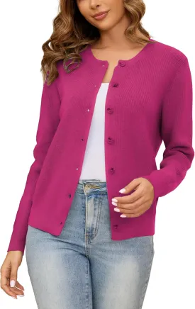 Women's Crew Neck Cardigan Button Down Long Sleeve Soft Knit Sweater Top Outwear Coat