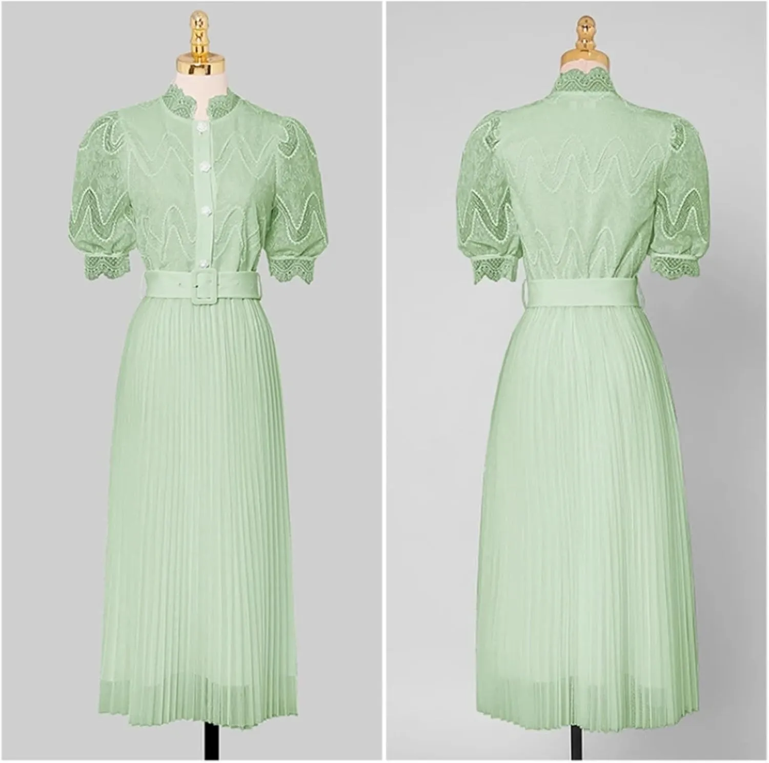 Women's Lace Midi Party Dress - Stand Collar Puff Sleeve Belted A-Line Design