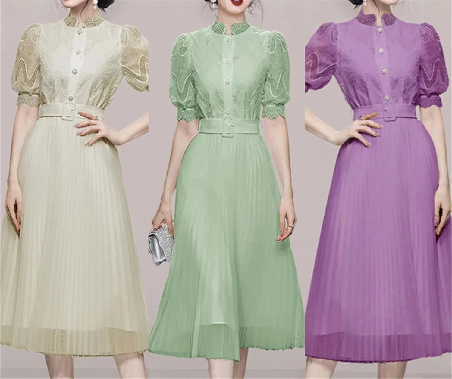 Women's Lace Midi Party Dress - Stand Collar Puff Sleeve Belted A-Line Design