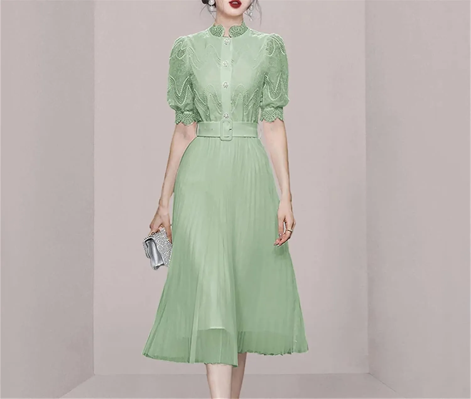 Women's Lace Midi Party Dress - Stand Collar Puff Sleeve Belted A-Line Design