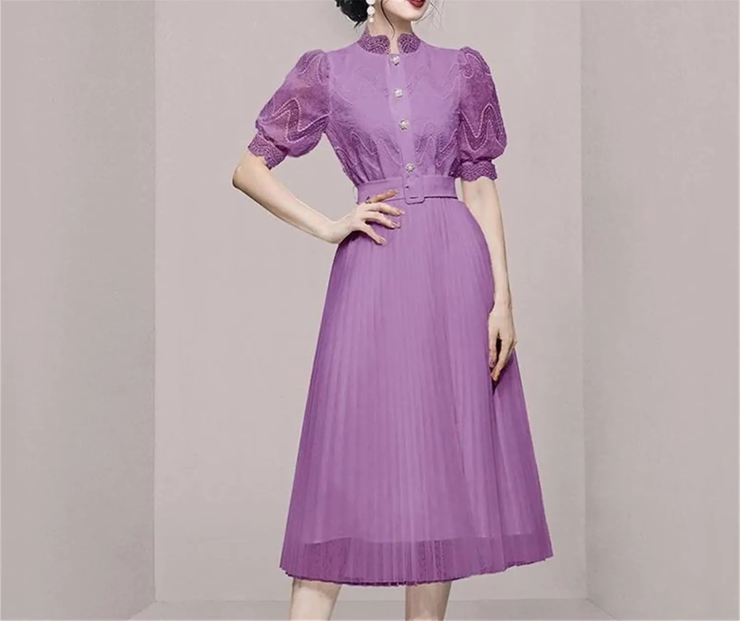 Women's Lace Midi Party Dress - Stand Collar Puff Sleeve Belted A-Line Design