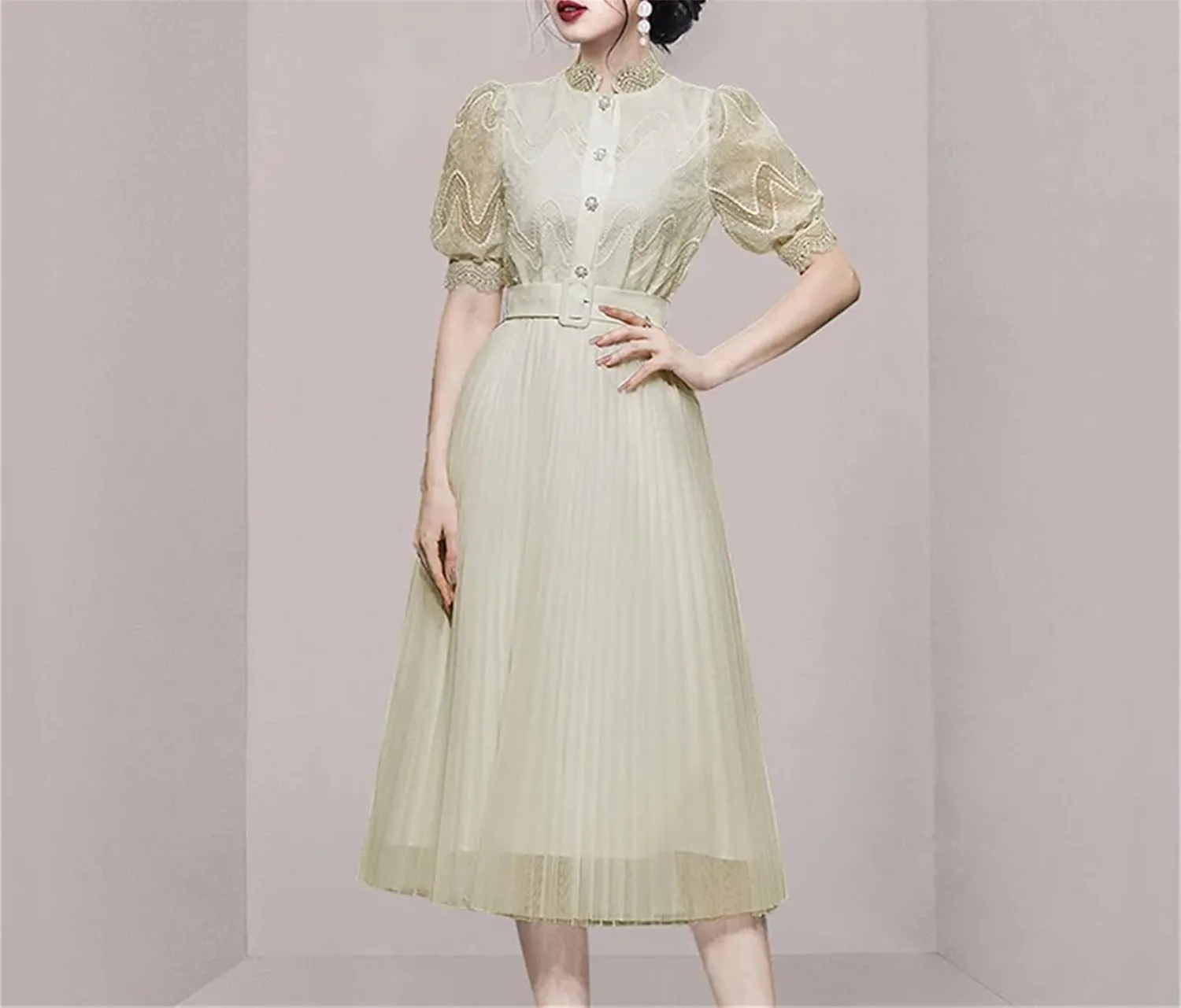 Women's Lace Midi Party Dress - Stand Collar Puff Sleeve Belted A-Line Design