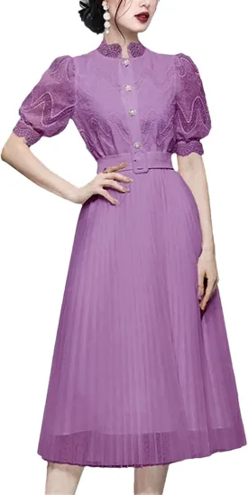 Women's Lace Midi Party Dress - Stand Collar Puff Sleeve Belted A-Line Design