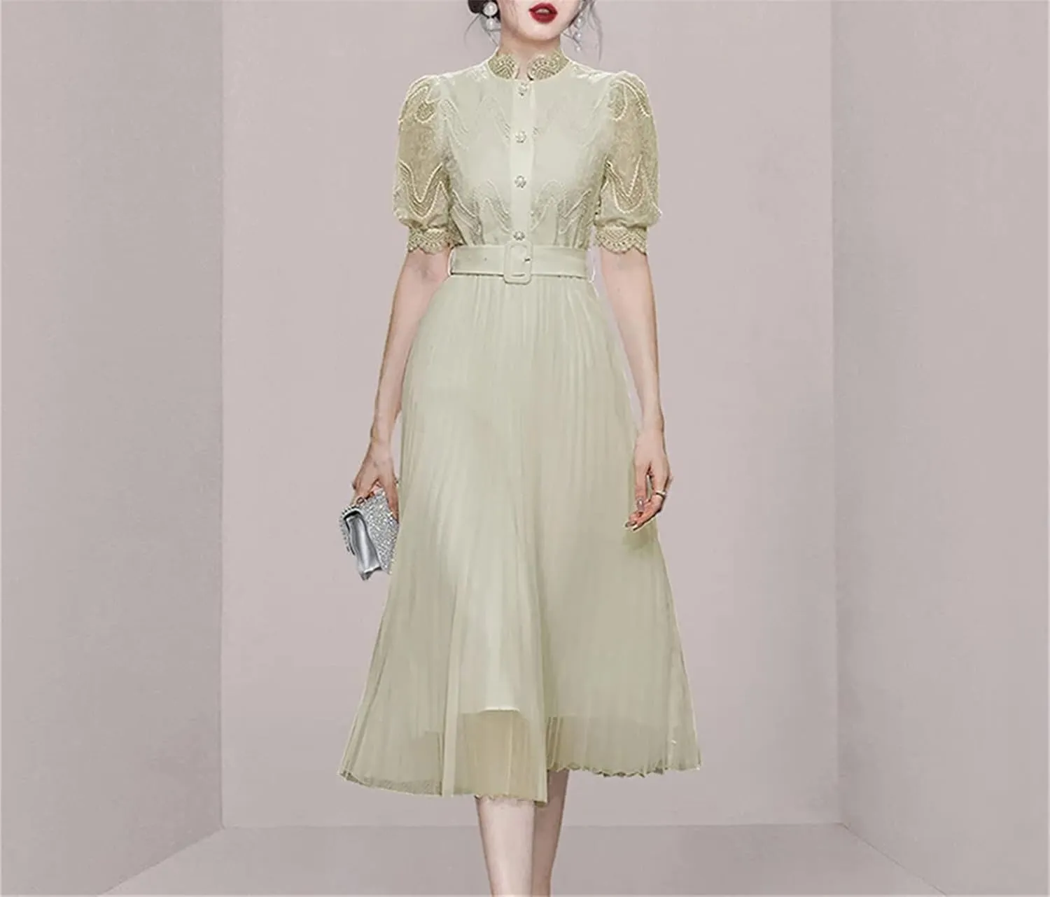 Women's Lace Midi Party Dress - Stand Collar Puff Sleeve Belted A-Line Design