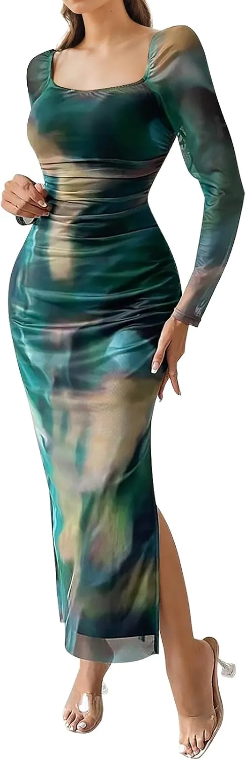 Women's Long Sleeve Maxi Dress Tie Dye Mesh Layered Bodycon Ruched Off Shoulder Long Dresses Side Slit Elegant Clothes