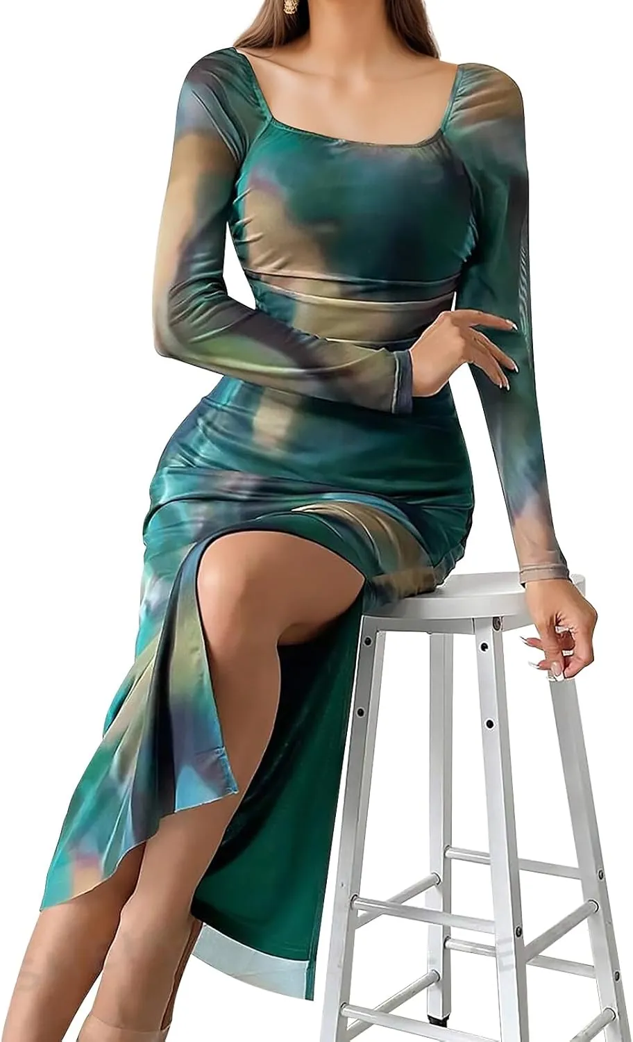 Women's Long Sleeve Maxi Dress Tie Dye Mesh Layered Bodycon Ruched Off Shoulder Long Dresses Side Slit Elegant Clothes