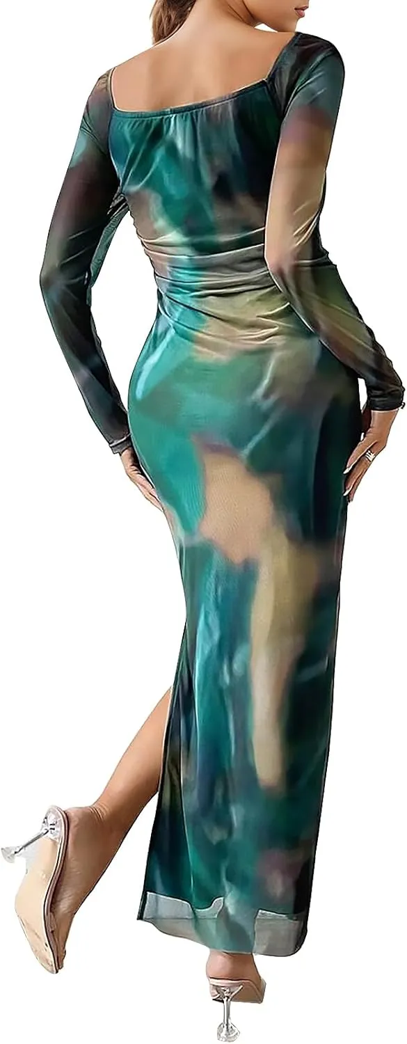 Women's Long Sleeve Maxi Dress Tie Dye Mesh Layered Bodycon Ruched Off Shoulder Long Dresses Side Slit Elegant Clothes