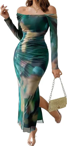 Women's Long Sleeve Maxi Dress Tie Dye Mesh Layered Bodycon Ruched Off Shoulder Long Dresses Side Slit Elegant Clothes