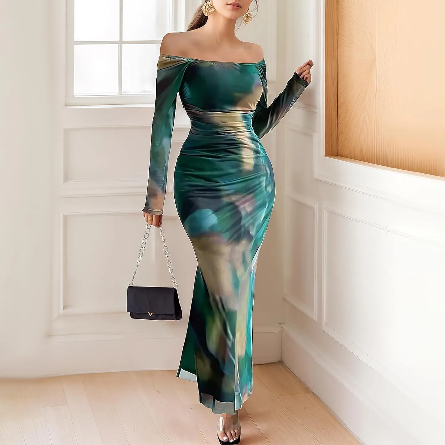 Women's Long Sleeve Maxi Dress Tie Dye Mesh Layered Bodycon Ruched Off Shoulder Long Dresses Side Slit Elegant Clothes