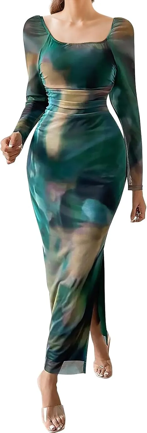 Women's Long Sleeve Maxi Dress Tie Dye Mesh Layered Bodycon Ruched Off Shoulder Long Dresses Side Slit Elegant Clothes