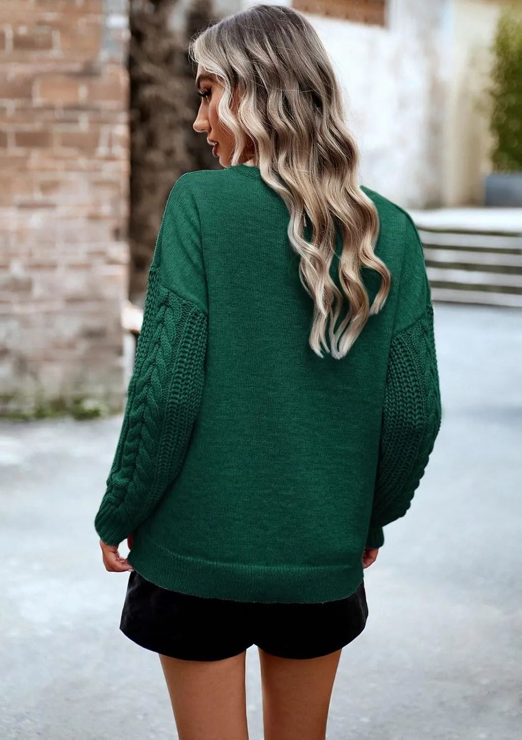 Women's Long Sleeve Pullover Sweater 2025 Spring Fall Casual Crewneck Solid Color Cable Knit Soft Jumper Tops