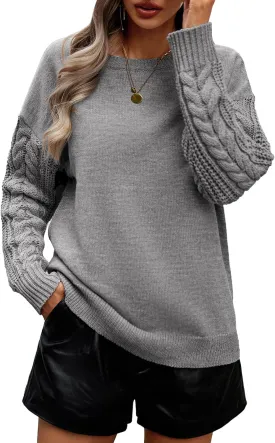 Women's Long Sleeve Pullover Sweater 2025 Spring Fall Casual Crewneck Solid Color Cable Knit Soft Jumper Tops