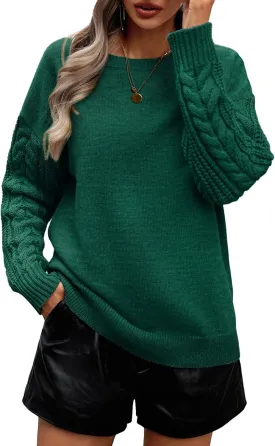 Women's Long Sleeve Pullover Sweater 2025 Spring Fall Casual Crewneck Solid Color Cable Knit Soft Jumper Tops