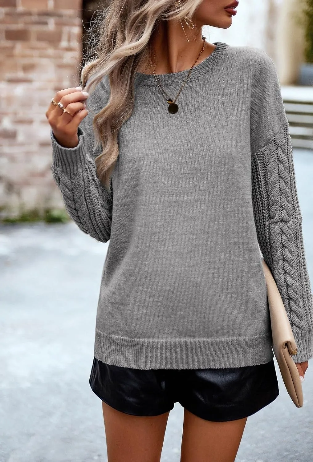 Women's Long Sleeve Pullover Sweater 2025 Spring Fall Casual Crewneck Solid Color Cable Knit Soft Jumper Tops