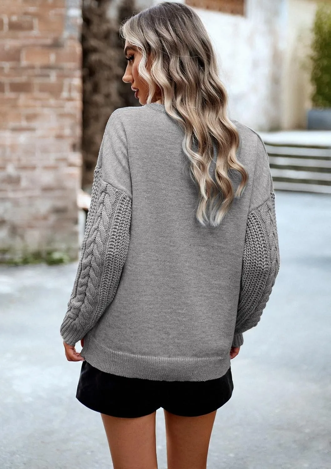 Women's Long Sleeve Pullover Sweater 2025 Spring Fall Casual Crewneck Solid Color Cable Knit Soft Jumper Tops