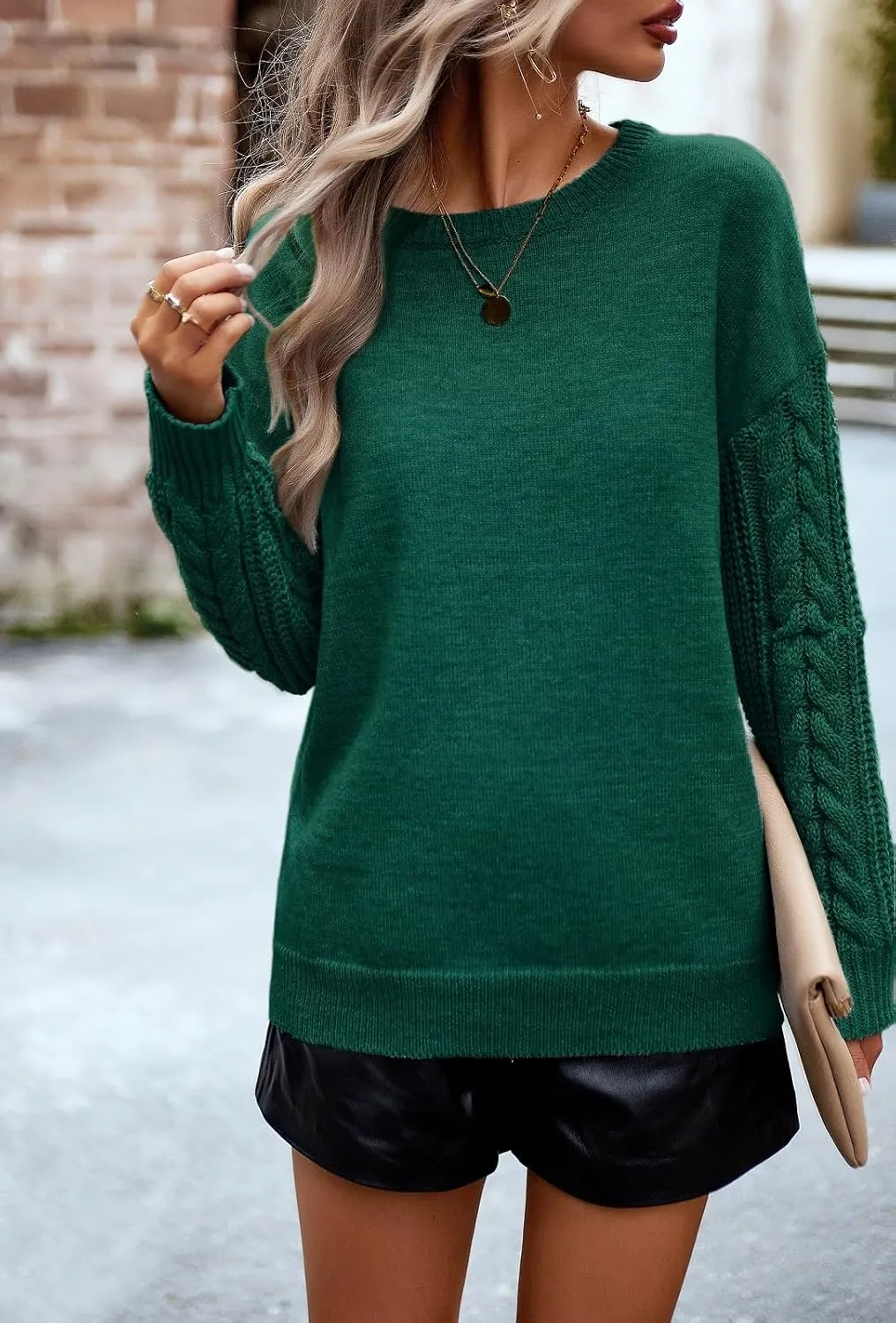 Women's Long Sleeve Pullover Sweater 2025 Spring Fall Casual Crewneck Solid Color Cable Knit Soft Jumper Tops