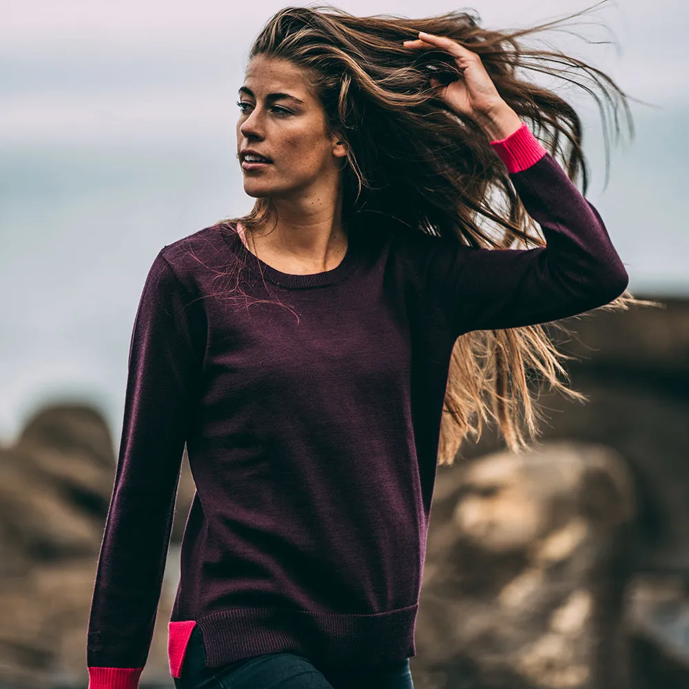 Womens Merino Crew Sweater (Wine/Fuchsia)
