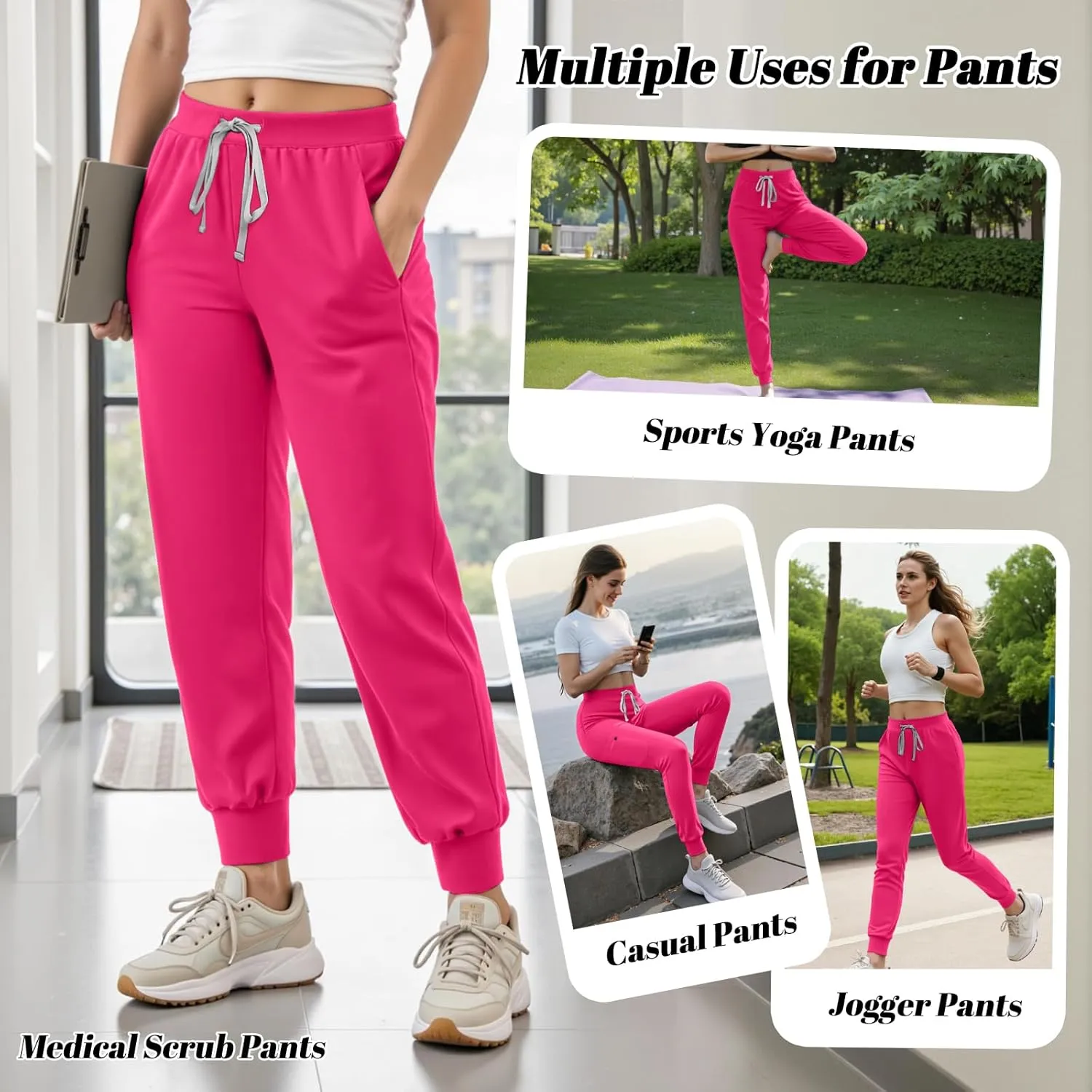 Women's Scrub Pants, Lightweight Soft Stretch Yoga Jogger with Elastic Drawstring Waistband, Mid-Rise Slim Fit Cargo Pants
