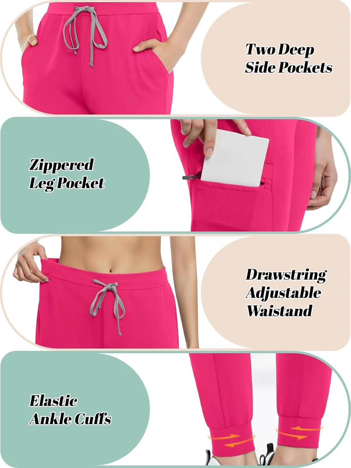 Women's Scrub Pants, Lightweight Soft Stretch Yoga Jogger with Elastic Drawstring Waistband, Mid-Rise Slim Fit Cargo Pants