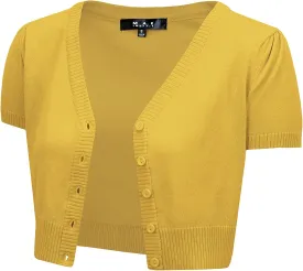 YEMAK Women's Cropped Bolero Cardigan  Short Sleeve V-Neck Basic Classic Casual Button Down Knit Soft Sweater Top (S-4XL)