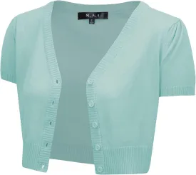 YEMAK Women's Cropped Bolero Cardigan  Short Sleeve V-Neck Basic Classic Casual Button Down Knit Soft Sweater Top (S-4XL)
